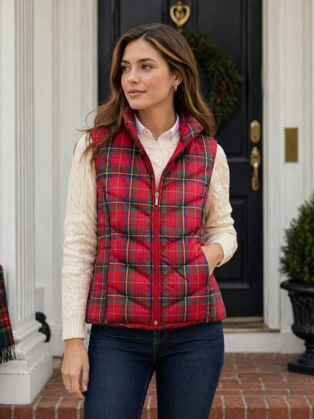 Land's End Down Puffer Vest Plaid 600 Fill Down Red Tartan Plaid Large Petite